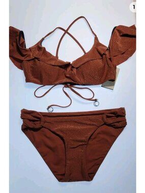 SOLUNA SWIM 2pc Brown Shimmer Ruffles off Shoulder Bikini Top & Bottom MEDIUM